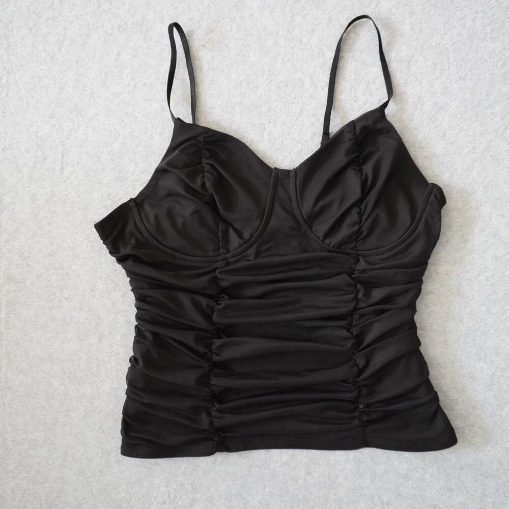 Just Polly Black Ruched Corset Tank Top - Y2K Cami Top